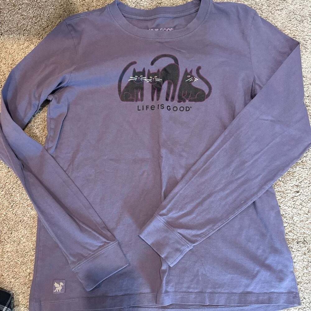 Life is Good Women's Black Cat Trio Long Sleeve Crusher Tee Med Purple